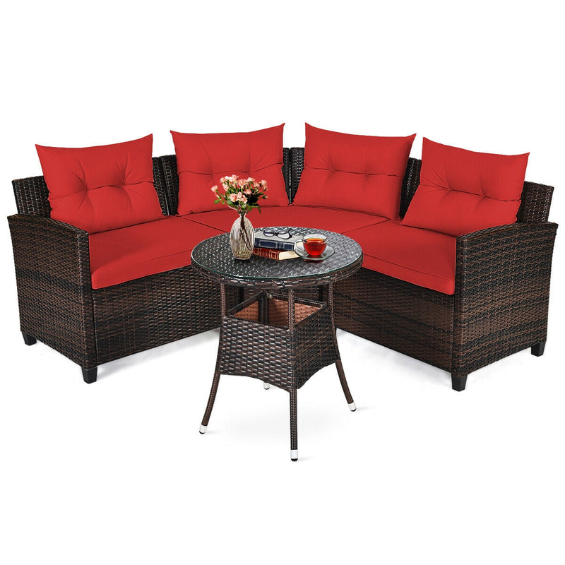 Costway - 4 Pieces Outdoor Cushioned Rattan Furniture Set-Red
