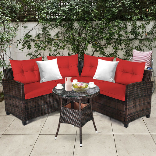 Costway - 4 Pieces Outdoor Cushioned Rattan Furniture Set-Red