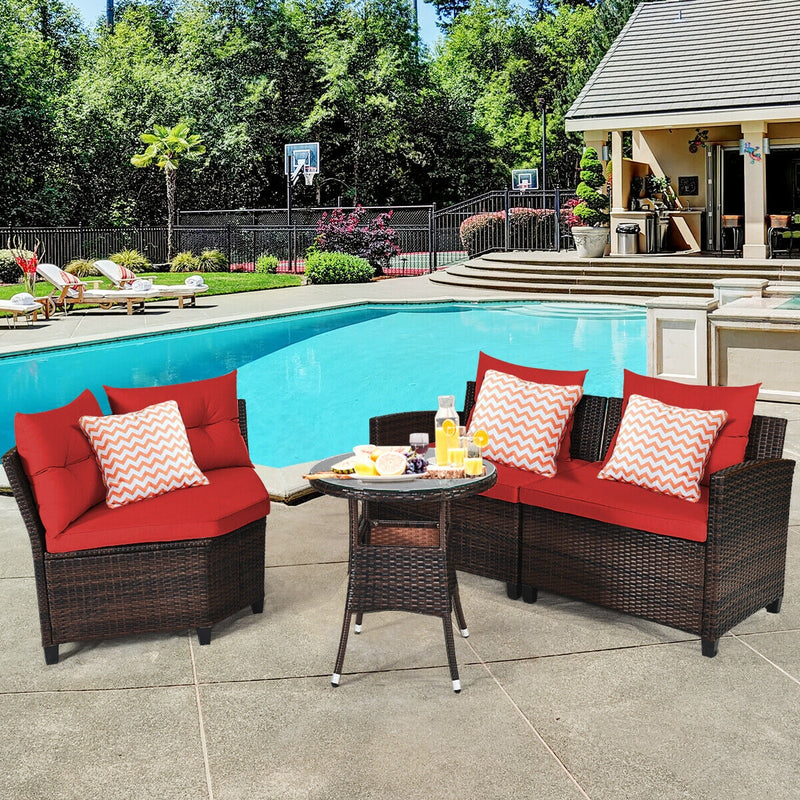 Costway - 4 Pieces Outdoor Cushioned Rattan Furniture Set-Red