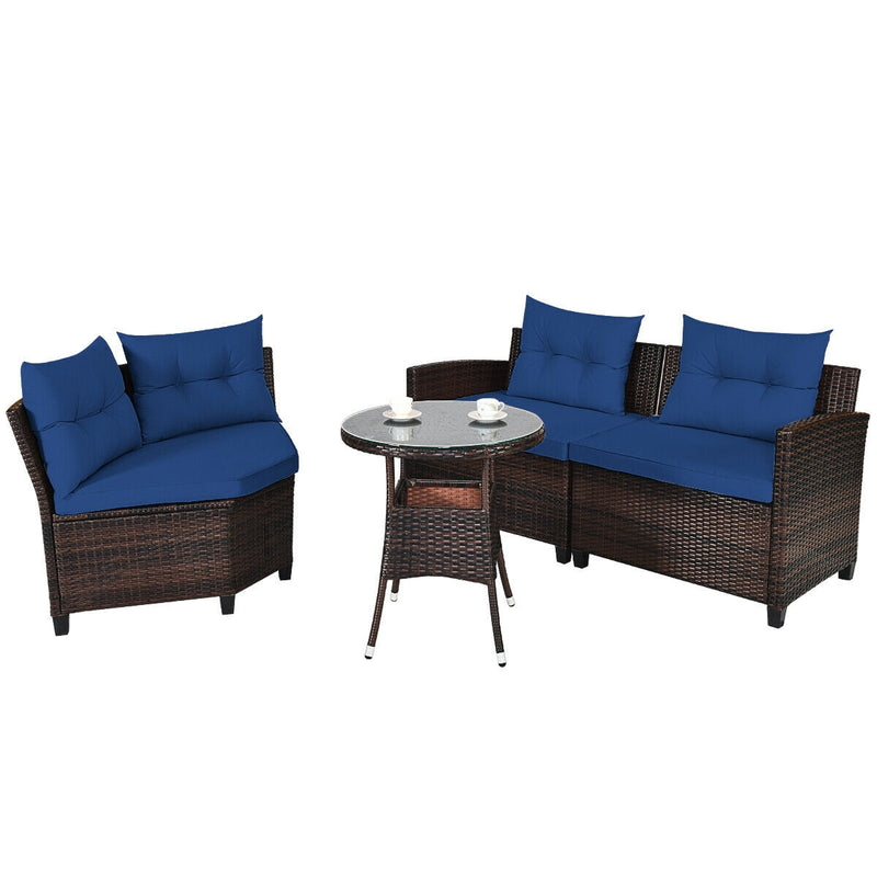 Costway - 4 Pieces Outdoor Cushioned Rattan Furniture Set-Navy