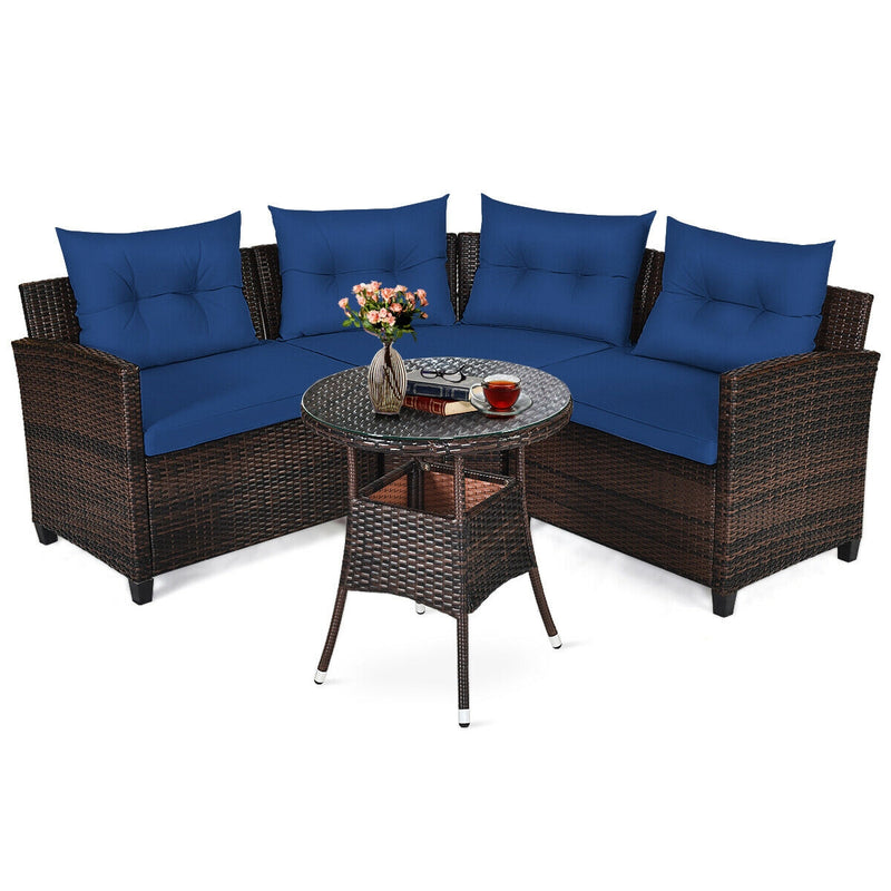 Costway - 4 Pieces Outdoor Cushioned Rattan Furniture Set-Navy