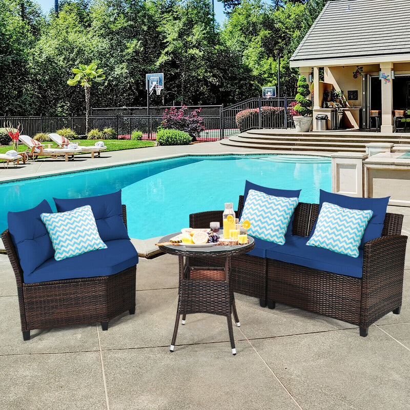 Costway - 4 Pieces Outdoor Cushioned Rattan Furniture Set-Navy