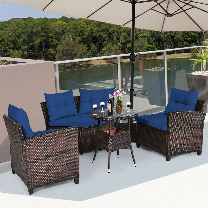 Costway - 4 Pieces Outdoor Cushioned Rattan Furniture Set-Navy