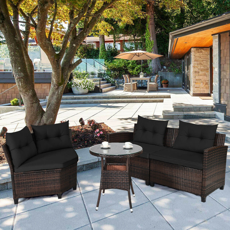 Costway - 4 Pieces Outdoor Cushioned Rattan Furniture Set-Black