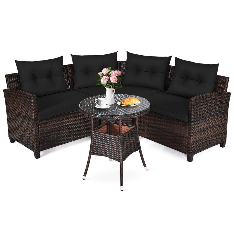 Costway - 4 Pieces Outdoor Cushioned Rattan Furniture Set-Black