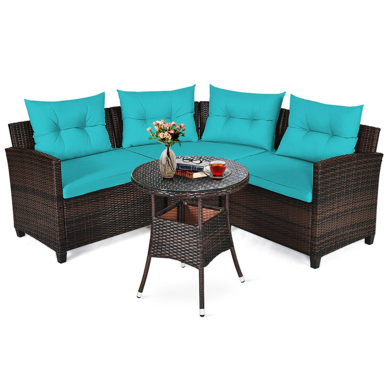 Costway - 4Pcs Outdoor Cushioned Rattan Furniture Set-Turquoise