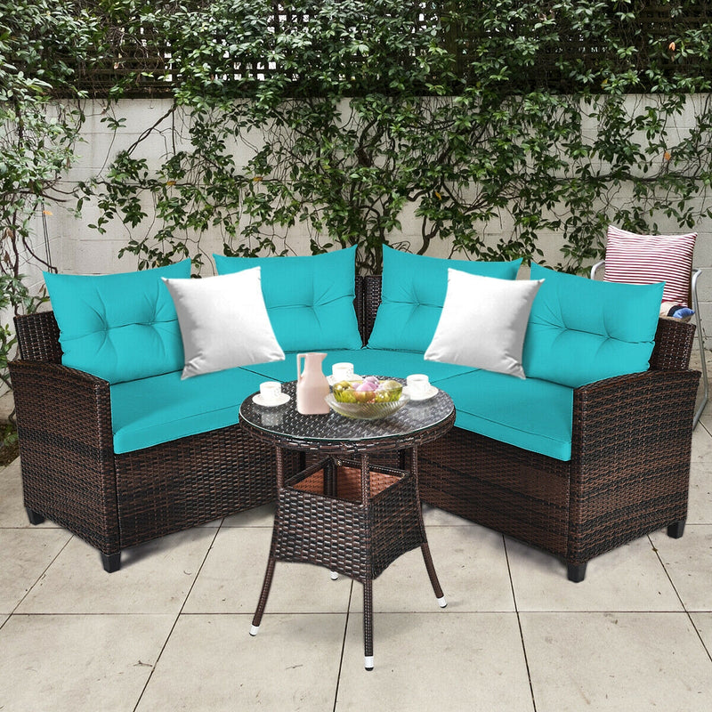 Costway - 4Pcs Outdoor Cushioned Rattan Furniture Set-Turquoise