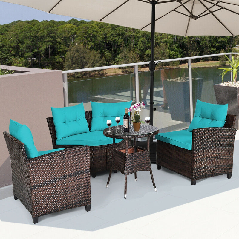 Costway - 4Pcs Outdoor Cushioned Rattan Furniture Set-Turquoise