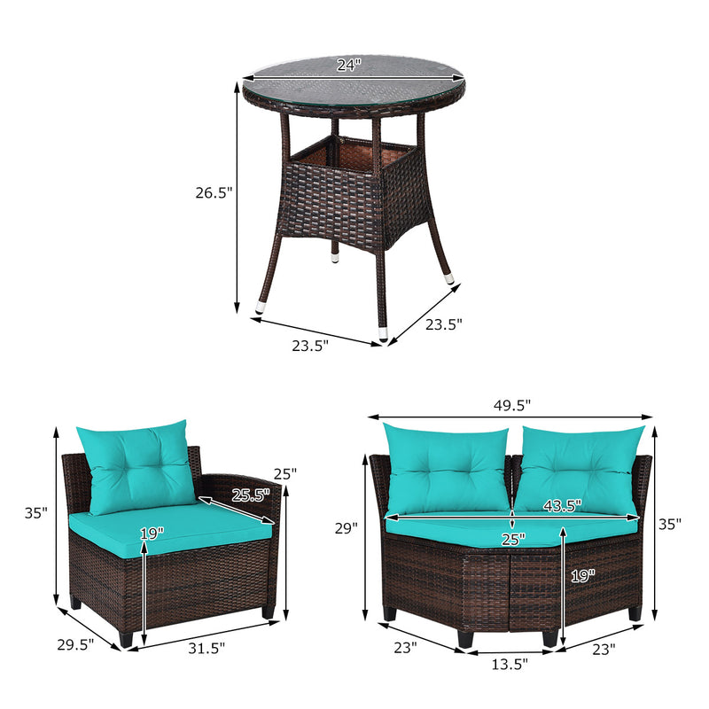 Costway - 4Pcs Outdoor Cushioned Rattan Furniture Set-Turquoise