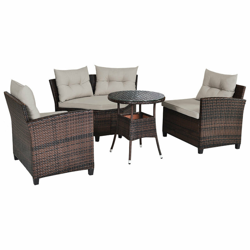 Costway - 4 Pieces Outdoor Cushioned Rattan Furniture Set-Brown