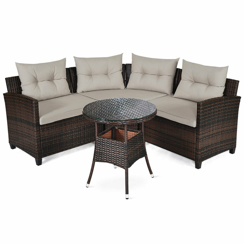 Costway - 4 Pieces Outdoor Cushioned Rattan Furniture Set-Brown