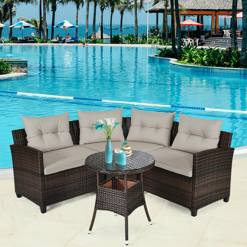 Costway - 4 Pieces Outdoor Cushioned Rattan Furniture Set-Brown