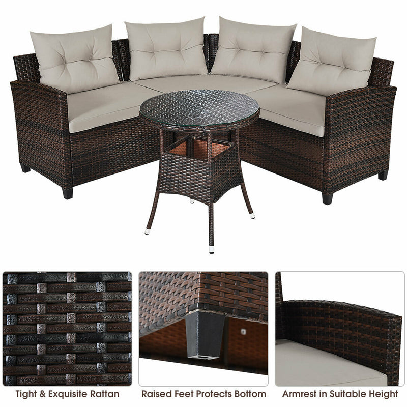 Costway - 4 Pieces Outdoor Cushioned Rattan Furniture Set-Brown
