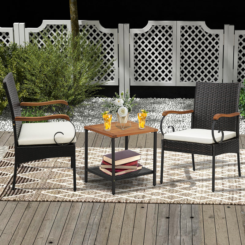 Costway - Set of 2/4 Outdoor PE Wicker Chair with Acacia Wood Armrests-Set of 4