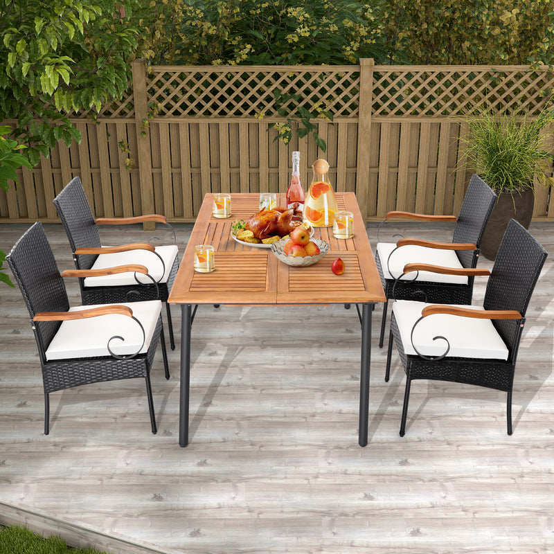 Costway - Set of 2/4 Outdoor PE Wicker Chair with Acacia Wood Armrests-Set of 4