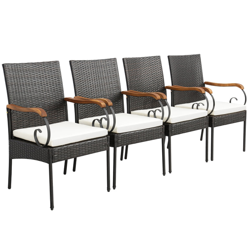 Costway - Set of 2/4 Outdoor PE Wicker Chair with Acacia Wood Armrests-Set of 4