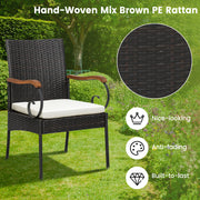 Costway - Set of 2/4 Outdoor PE Wicker Chair with Acacia Wood Armrests-Set of 4