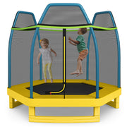 Costway - 7 ft Kids Trampoline W/ Safety Enclosure Net-Yellow