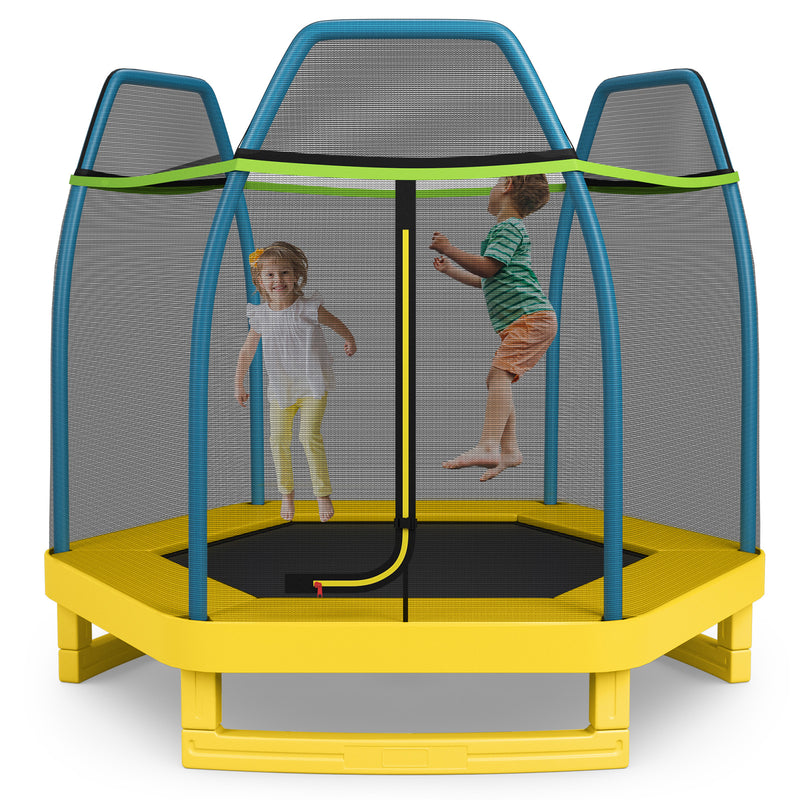 Costway - 7 ft Kids Trampoline W/ Safety Enclosure Net-Yellow