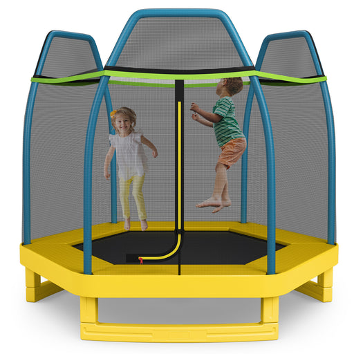 Costway - 7 ft Kids Trampoline W/ Safety Enclosure Net-Yellow