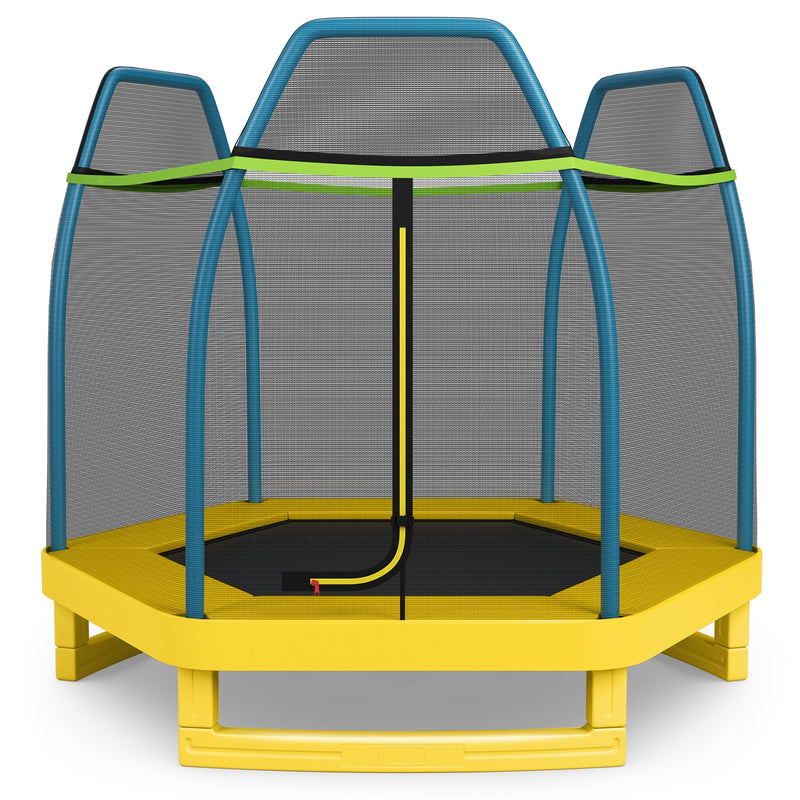 Costway - 7 ft Kids Trampoline W/ Safety Enclosure Net-Yellow