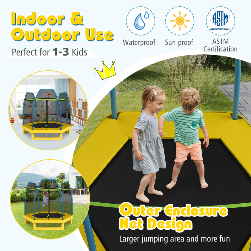Costway - 7 ft Kids Trampoline W/ Safety Enclosure Net-Yellow