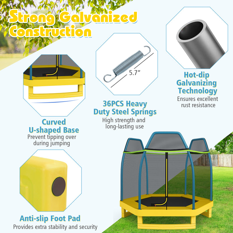 Costway - 7 ft Kids Trampoline W/ Safety Enclosure Net-Yellow