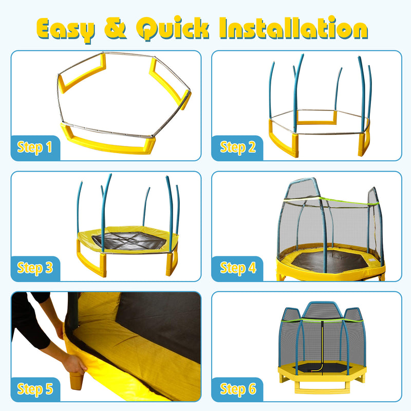 Costway - 7 ft Kids Trampoline W/ Safety Enclosure Net-Yellow