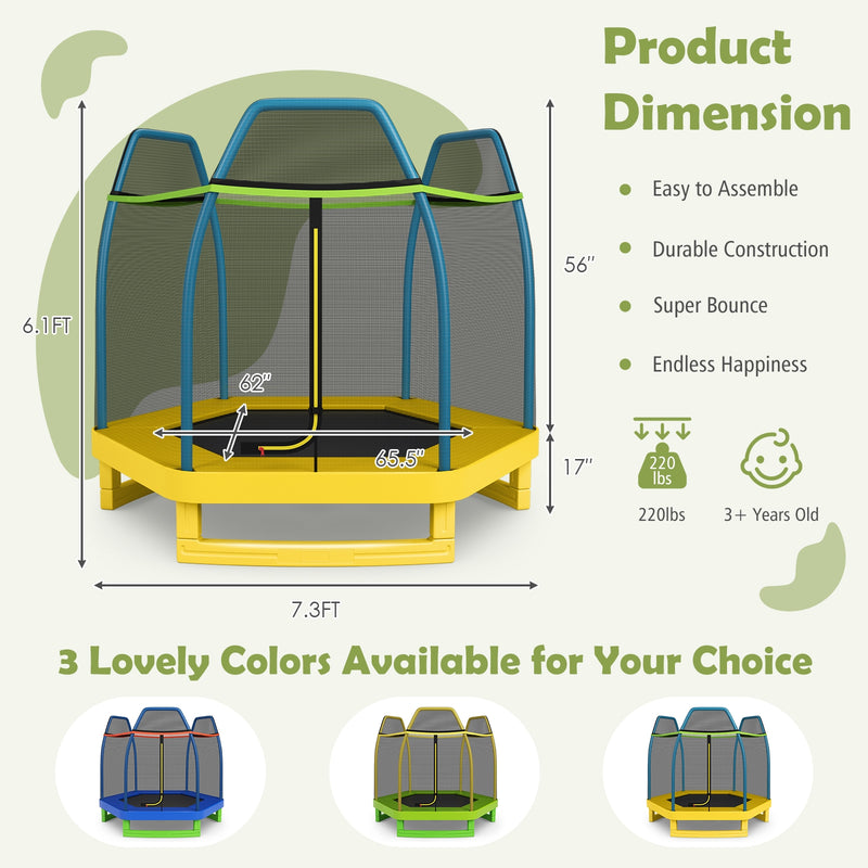 Costway - 7 ft Kids Trampoline W/ Safety Enclosure Net-Yellow
