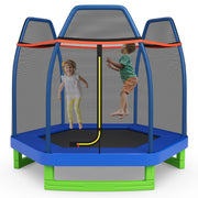 Costway - 7 Ft Kids Trampoline W/ Safety Enclosure Net-Blue