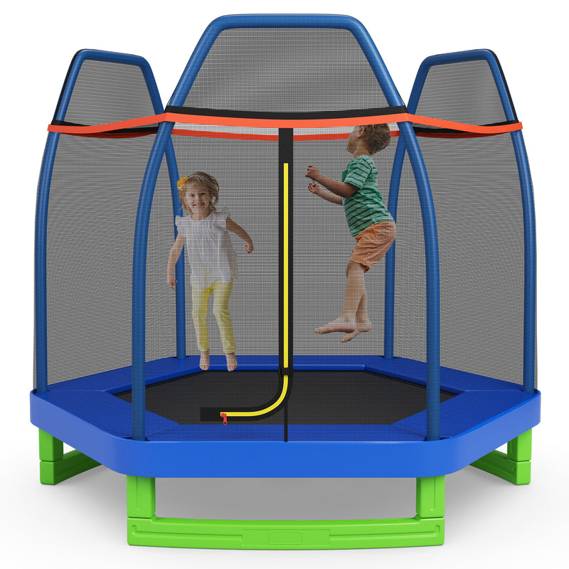 Costway - 7 Ft Kids Trampoline W/ Safety Enclosure Net-Blue
