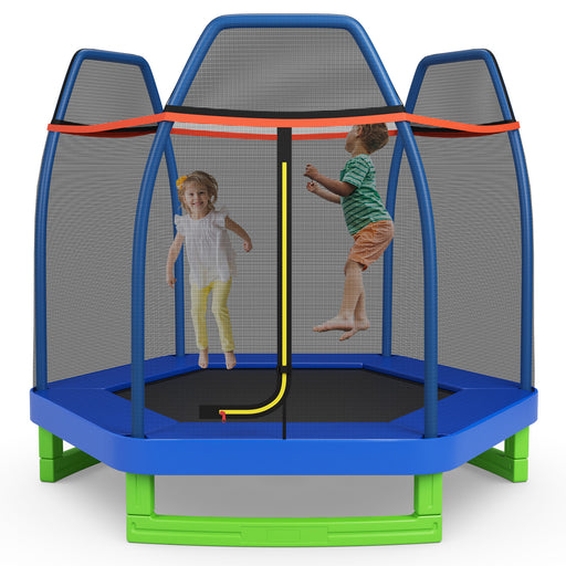 Costway - 7 Ft Kids Trampoline W/ Safety Enclosure Net-Blue