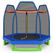 Costway - 7 Ft Kids Trampoline W/ Safety Enclosure Net-Blue