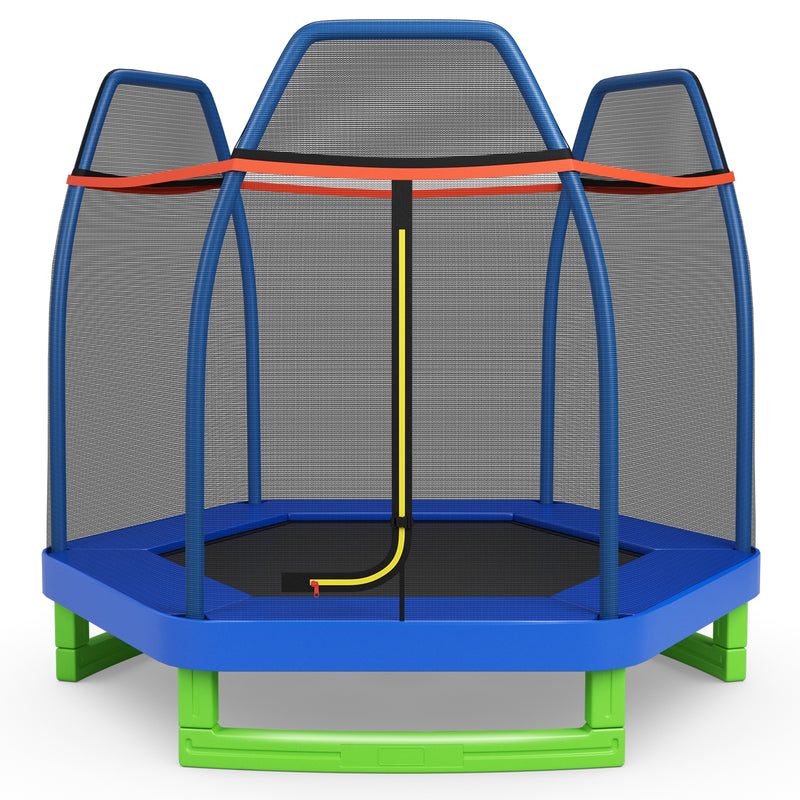 Costway - 7 Ft Kids Trampoline W/ Safety Enclosure Net-Blue