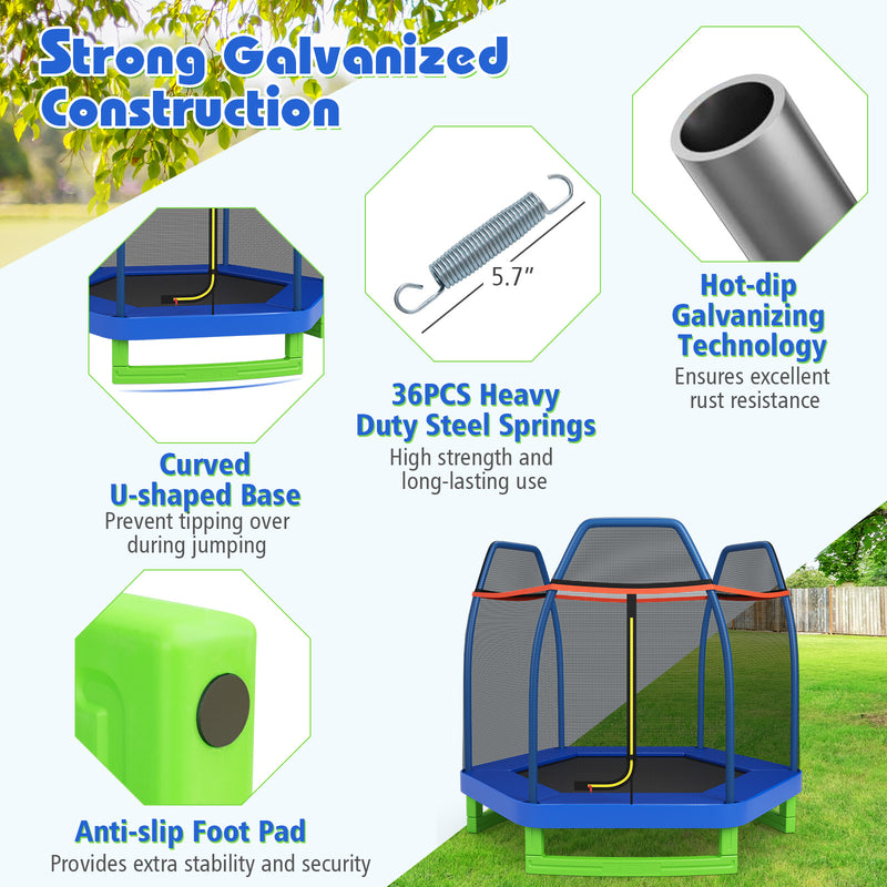 Costway - 7 Ft Kids Trampoline W/ Safety Enclosure Net-Blue