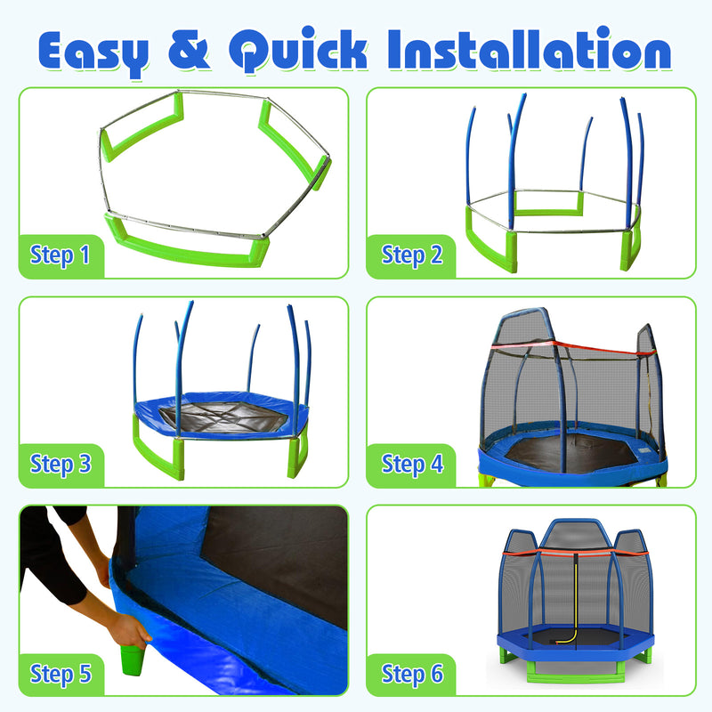 Costway - 7 Ft Kids Trampoline W/ Safety Enclosure Net-Blue