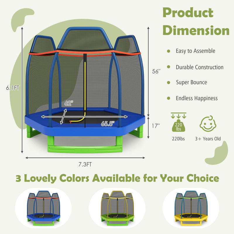 Costway - 7 Ft Kids Trampoline W/ Safety Enclosure Net-Blue