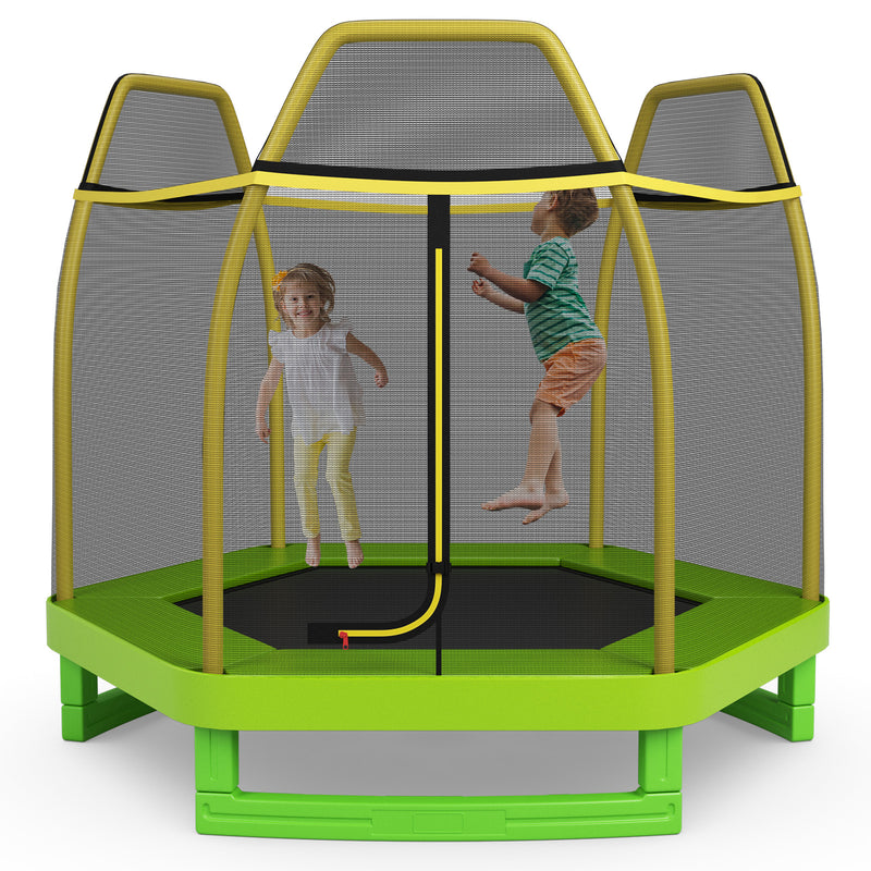 Costway - 7FT Kids Trampoline with Safety Enclosure Net-Green