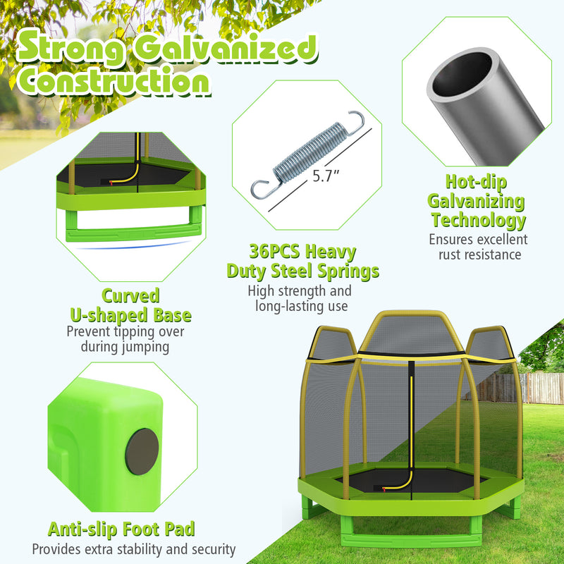 Costway - 7FT Kids Trampoline with Safety Enclosure Net-Green