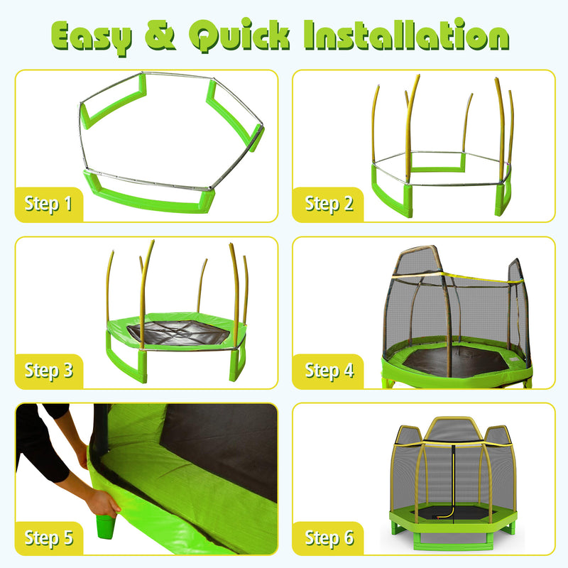 Costway - 7FT Kids Trampoline with Safety Enclosure Net-Green