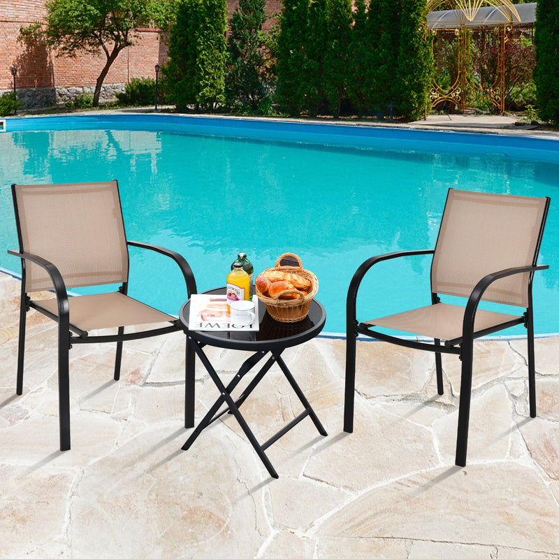 Costway - Set of 2 Patio Stackable Dining Chairs with Armrests Garden Deck-Brown