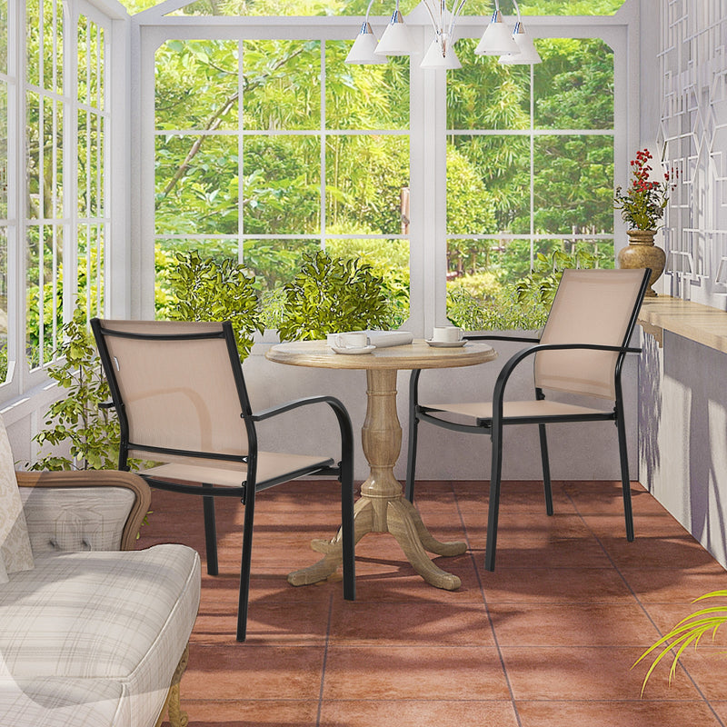Costway - Set of 2 Patio Stackable Dining Chairs with Armrests Garden Deck-Brown
