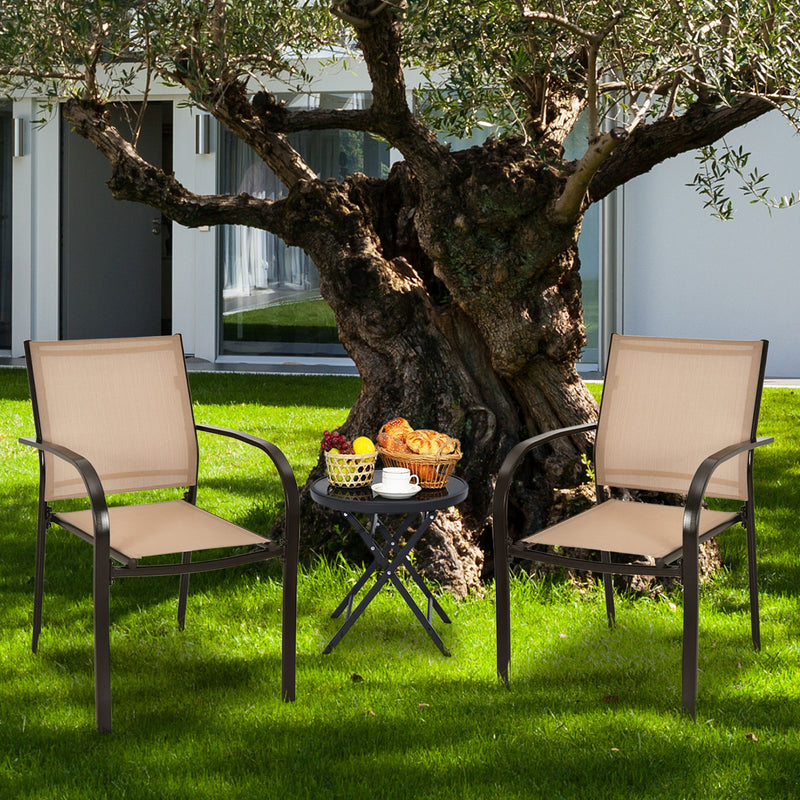 Costway - Set of 2 Patio Stackable Dining Chairs with Armrests Garden Deck-Brown