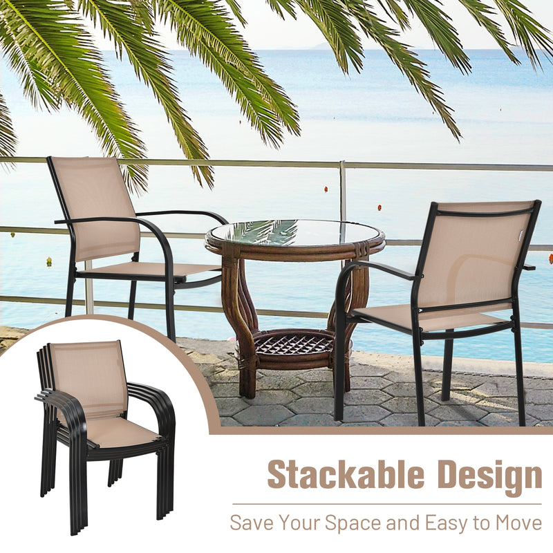 Costway - Set of 2 Patio Stackable Dining Chairs with Armrests Garden Deck-Brown