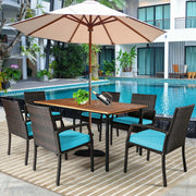 Costway - 7Pcs Patio Rattan Cushioned Dining Set with Umbrella Hole-Turquoise