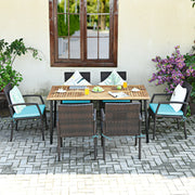 Costway - 7Pcs Patio Rattan Cushioned Dining Set with Umbrella Hole-Turquoise