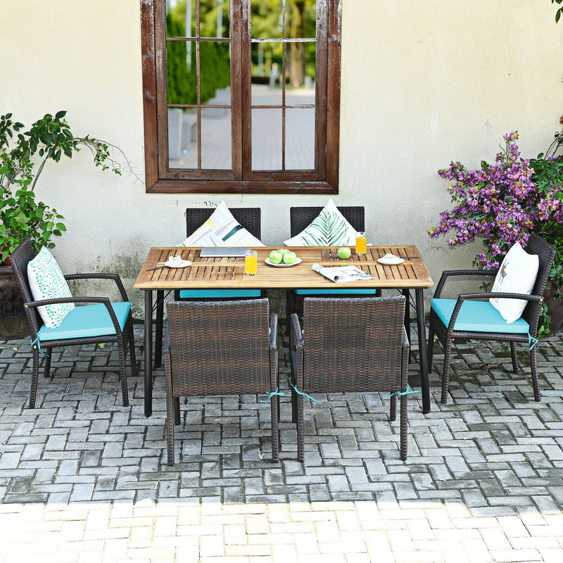 Costway - 7Pcs Patio Rattan Cushioned Dining Set with Umbrella Hole-Turquoise