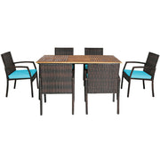 Costway - 7Pcs Patio Rattan Cushioned Dining Set with Umbrella Hole-Turquoise