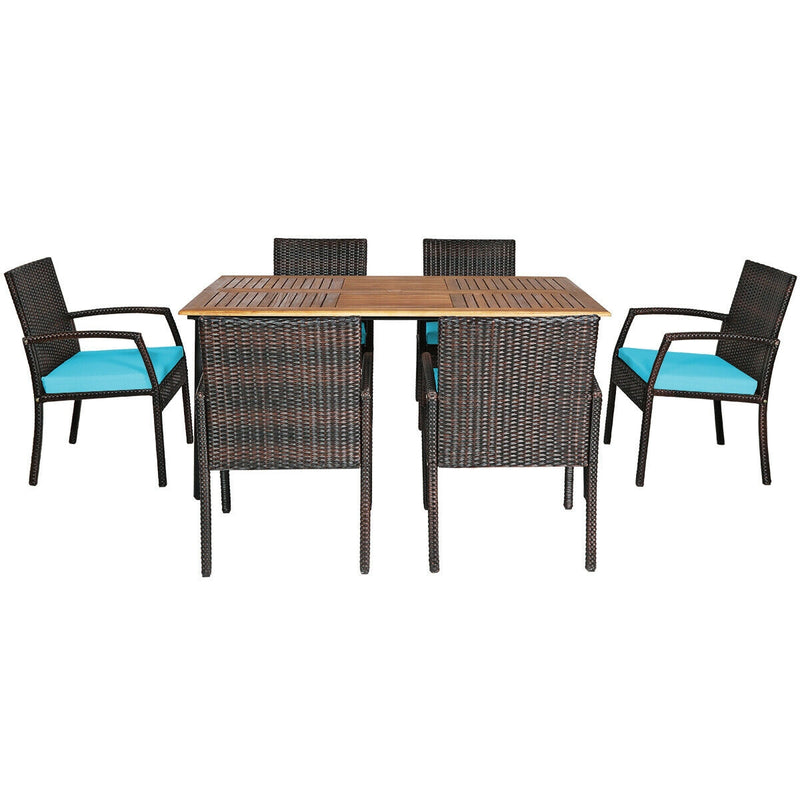 Costway - 7Pcs Patio Rattan Cushioned Dining Set with Umbrella Hole-Turquoise