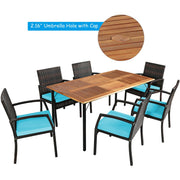 Costway - 7Pcs Patio Rattan Cushioned Dining Set with Umbrella Hole-Turquoise